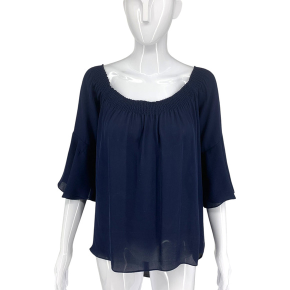 Kobi Halperin Sz XS Navy Blue 100% Silk Off Shoulder Flare Sleeve Blouse Top - Picture 2 of 7